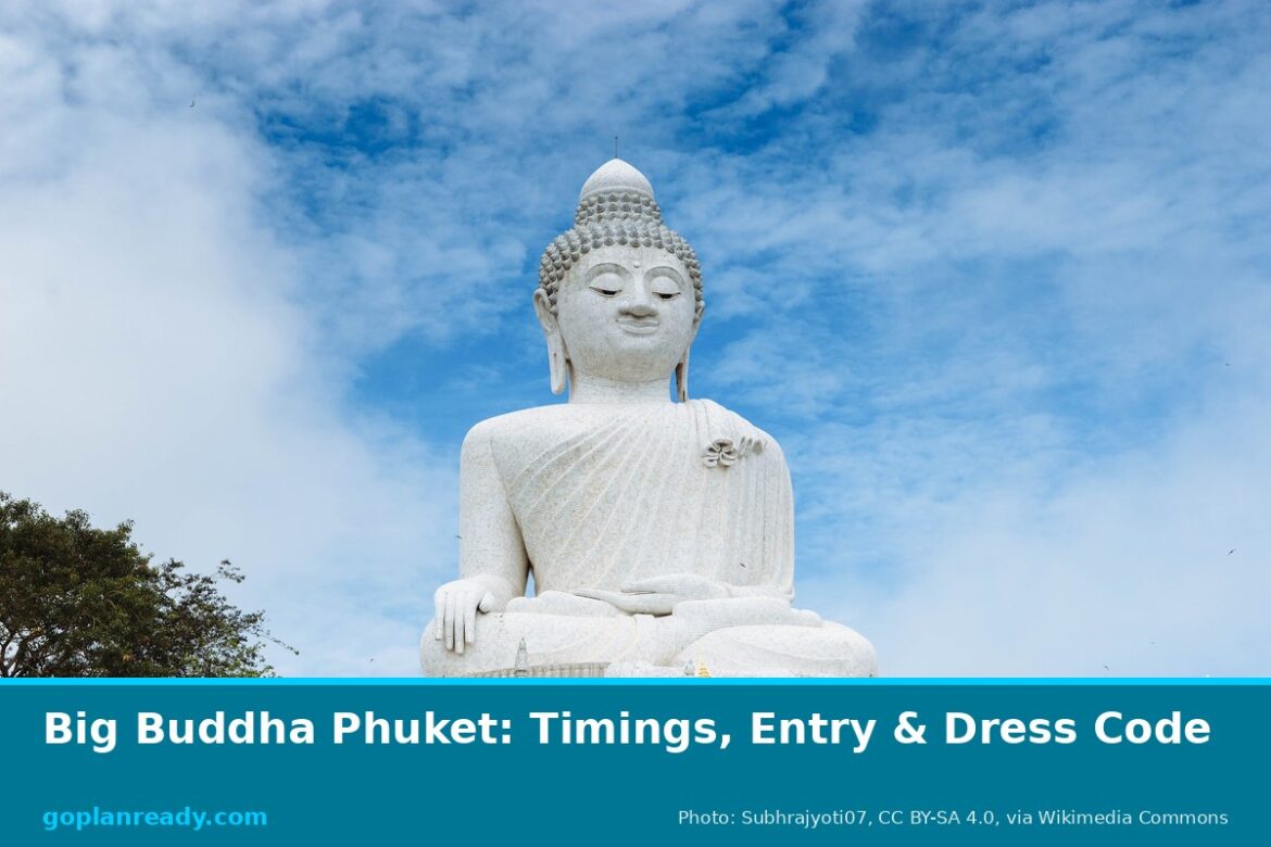 The 45-metre white marble Big Buddha statue on Nakkerd Hill, Phuket, against a blue sky with clouds, with the title Big Buddha Phuket: Timings, Entry & Dress Code