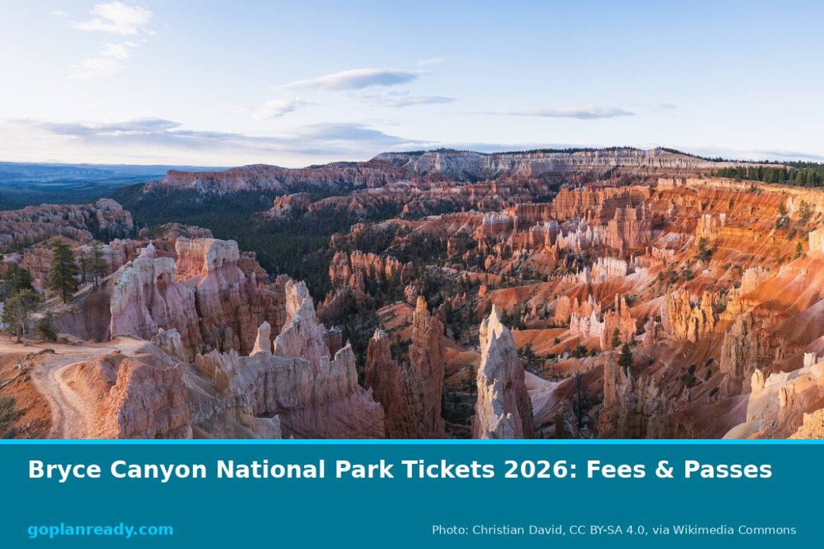 Orange and white hoodoos filling the Bryce Amphitheater in morning light, seen from Sunrise Point in Bryce Canyon National Park, with the title Bryce Canyon National Park Tickets 2026: Fees & Passes