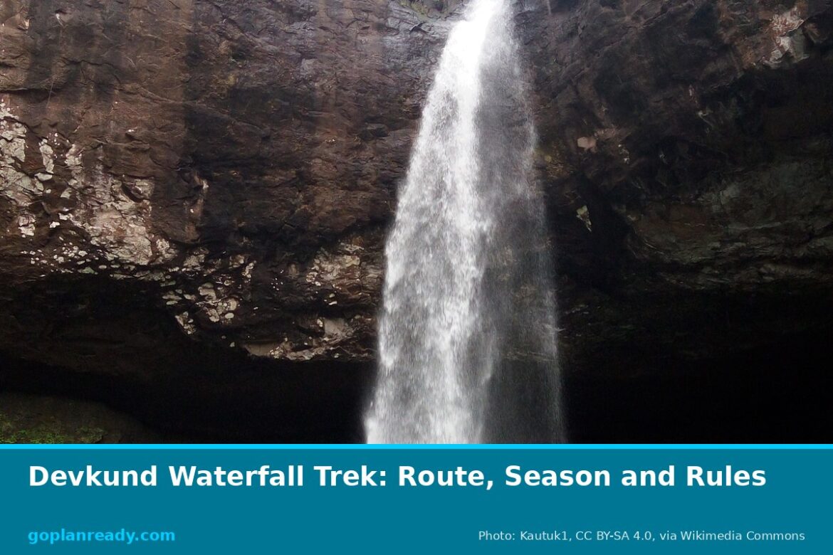 Devkund waterfall falling from a narrow gap between dark basalt cliffs, with the title Devkund Waterfall Trek: Route, Season and Rules