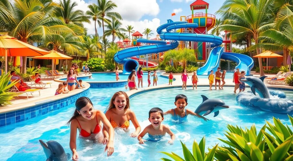 family rides in dolphin water park