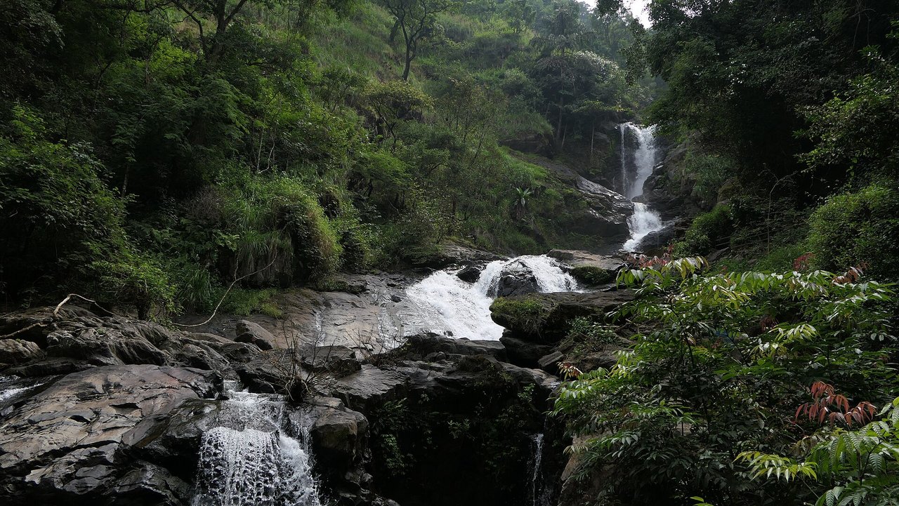 Iruppu Falls dropping in stages over dark rocks into a forested valley in the Brahmagiri hills, with good flow in November