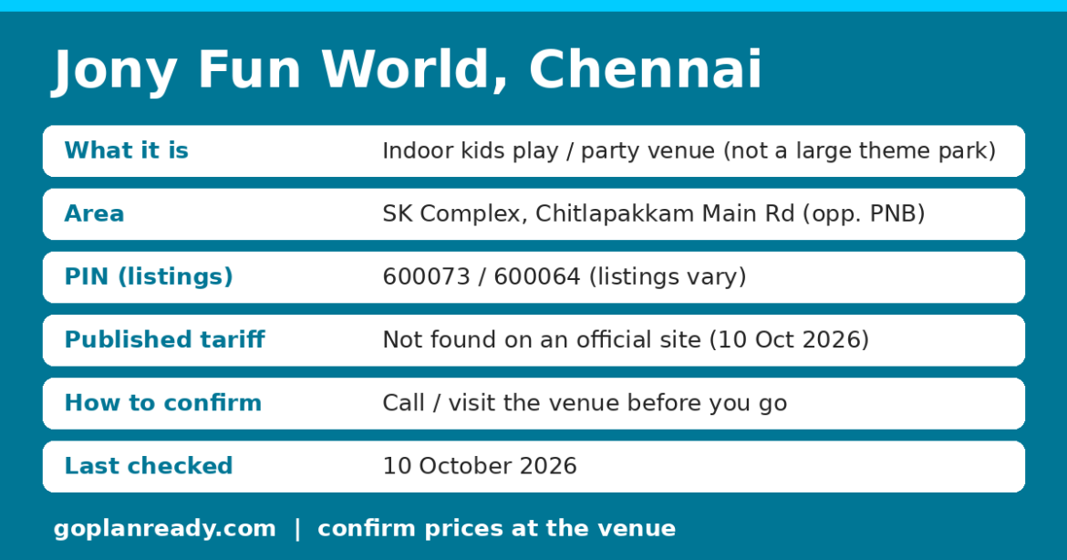 Jony Fun World Chitlapakkam quick facts card: location, indoor kids play, confirm tickets on site