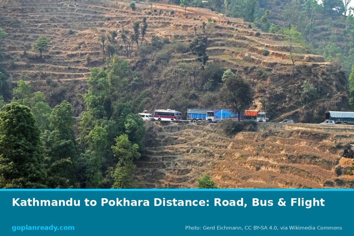 A bus, trucks and cars in a line on the Prithvi Highway as it winds across a terraced hillside in Nepal, with the title Kathmandu to Pokhara Distance: Road, Bus & Flight