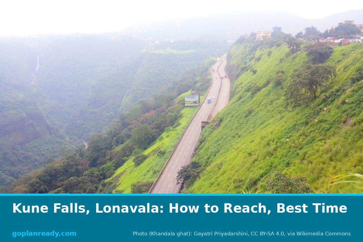 The Mumbai-Pune Expressway curving through the green Khandala ghat in the monsoon, with a thin waterfall in the misty valley on the left, and the title Kune Falls, Lonavala: How to Reach, Best Time