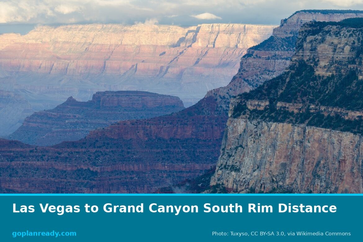 Evening light on the layered red and cream cliffs of the Grand Canyon near Hopi Point on the South Rim, with the title Las Vegas to Grand Canyon South Rim Distance