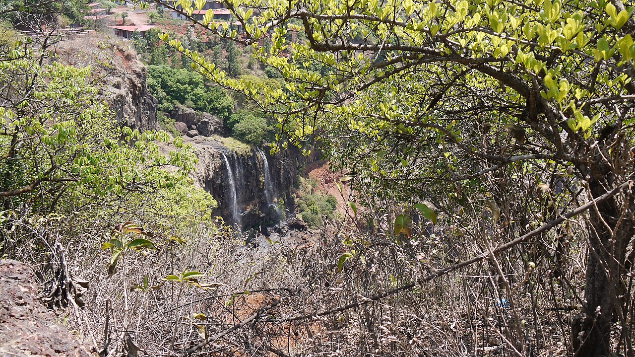 Lingmala Waterfall, Mahabaleshwar: Entry Fee, Timings and Best Time Lingmala Falls in the dry season, with two thin streams over a dark rock face seen through dry branches and fresh green leaves