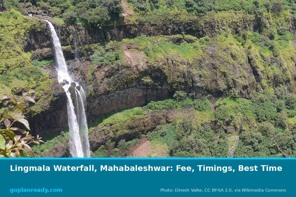 Lingmala Waterfall plunging over a green cliff into the Venna valley in the monsoon, with the title Lingmala Waterfall, Mahabaleshwar: Fee, Timings, Best Time