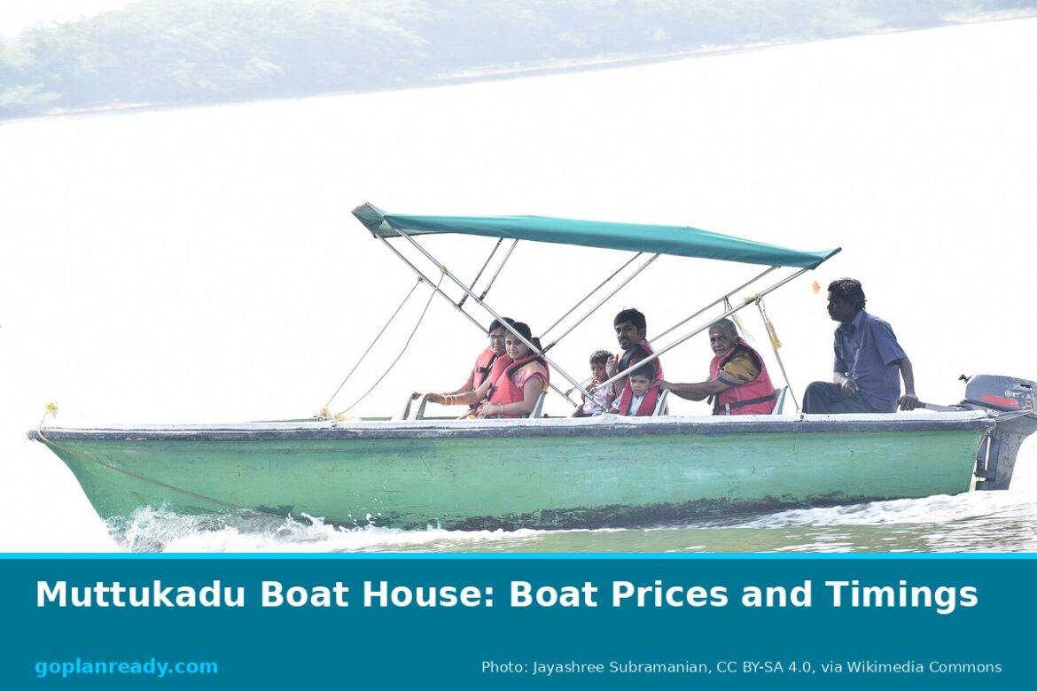 A family in orange life jackets on a green motor boat with a canopy, cruising on the Muttukadu backwater, with the title Muttukadu Boat House: Boat Prices and Timings