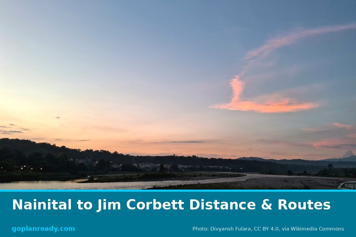 The Kosi River at Ramnagar at dusk under a pink and blue sky, with forested hills and town lights on the far bank, with the title Nainital to Jim Corbett Distance & Routes