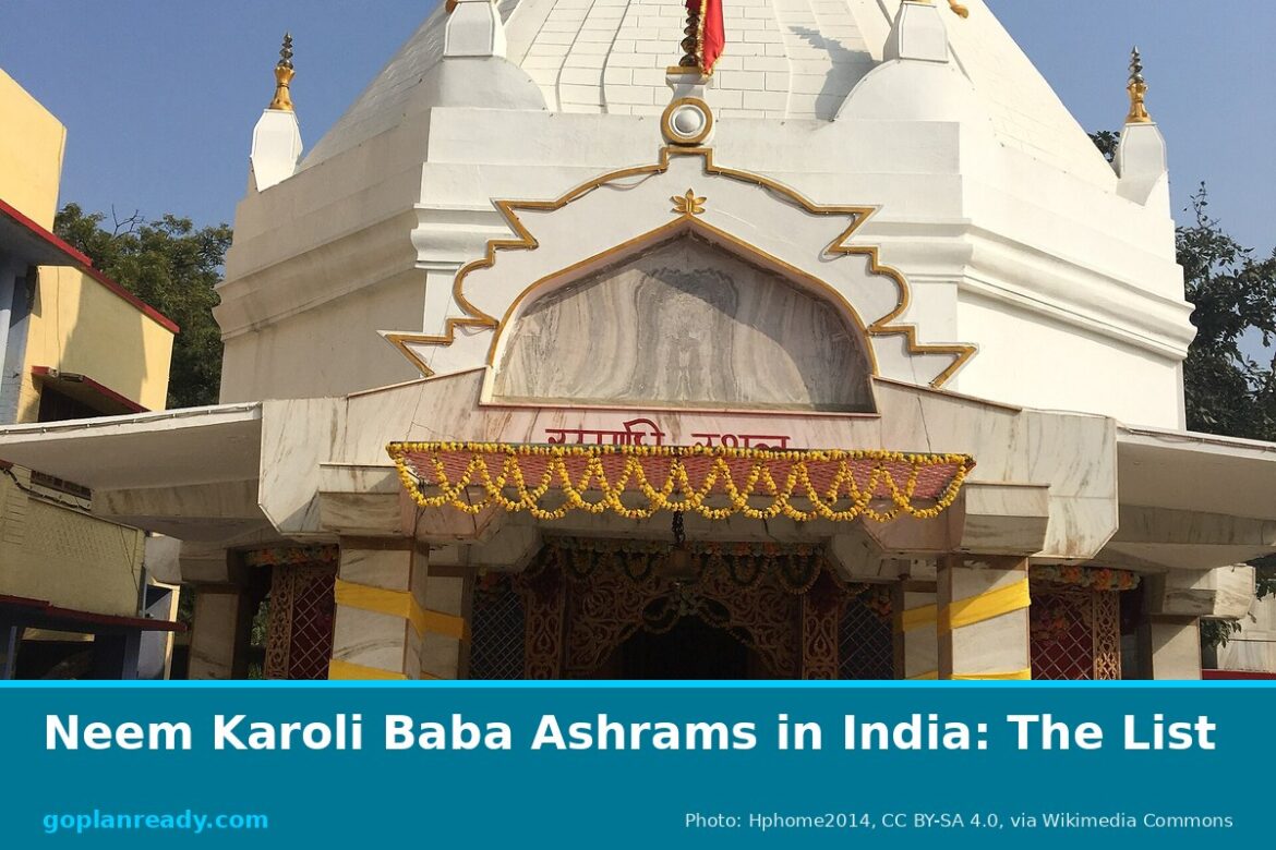 Marigold-decorated entrance of the white Neem Karoli Baba samadhi temple in the Vrindavan ashram, below its white spire, with the title Neem Karoli Baba Ashrams in India: The List