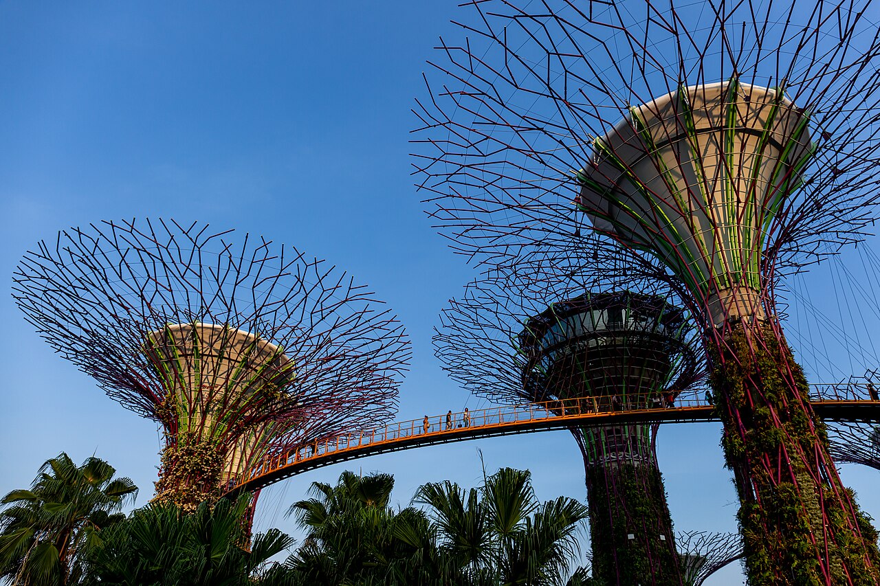 Visitors on the orange OCBC Skyway walkway strung between Supertrees at Gardens by the Bay, Singapore
