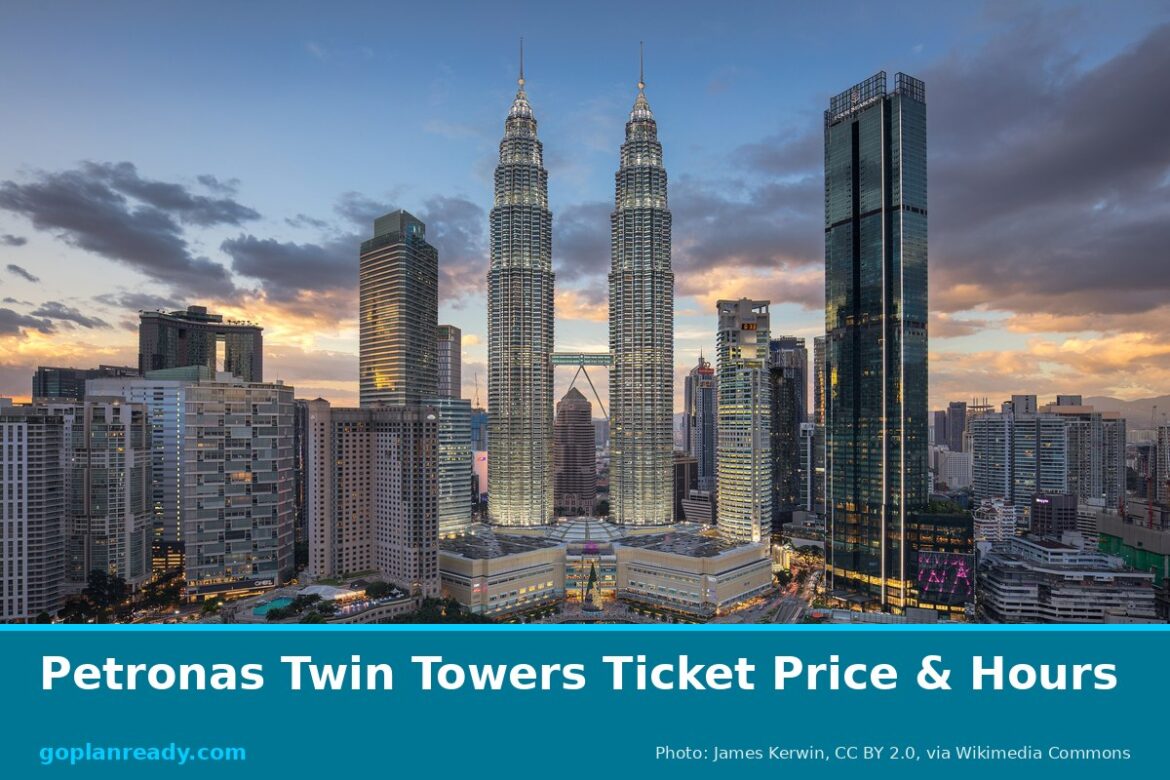 The Petronas Twin Towers rising above the Kuala Lumpur skyline under an orange, cloudy sky, with the Skybridge between them and Suria KLCC below, with the title Petronas Twin Towers Ticket Price & Hours