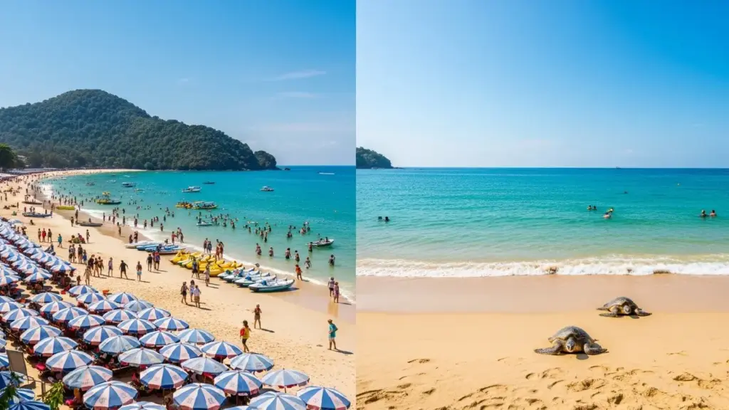 Best Places to Visit in Thailand 2026 Phuket Patong Beach crowd and quiet Nai Yang Beach with sea turtles