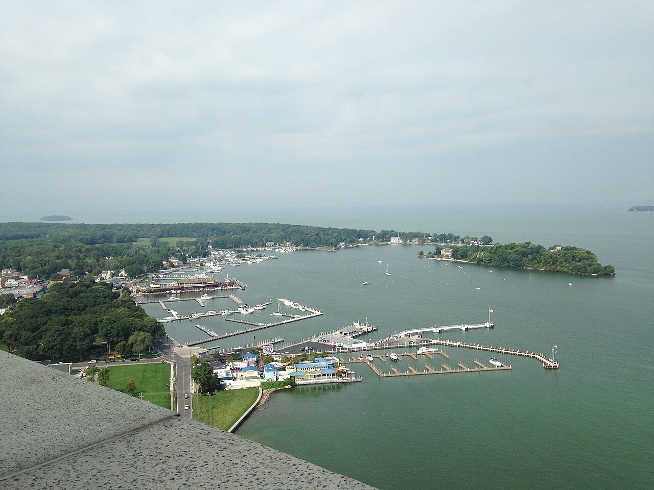 Put-in-Bay harbor, marinas and Lake Erie seen from high on Perry's Victory and International Peace Memorial