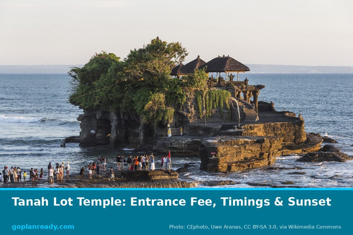 Pura Tanah Lot temple on its rock in the sea in late-afternoon light, with visitors on the rocks in front, and the title Tanah Lot Temple: Entrance Fee, Timings & Sunset