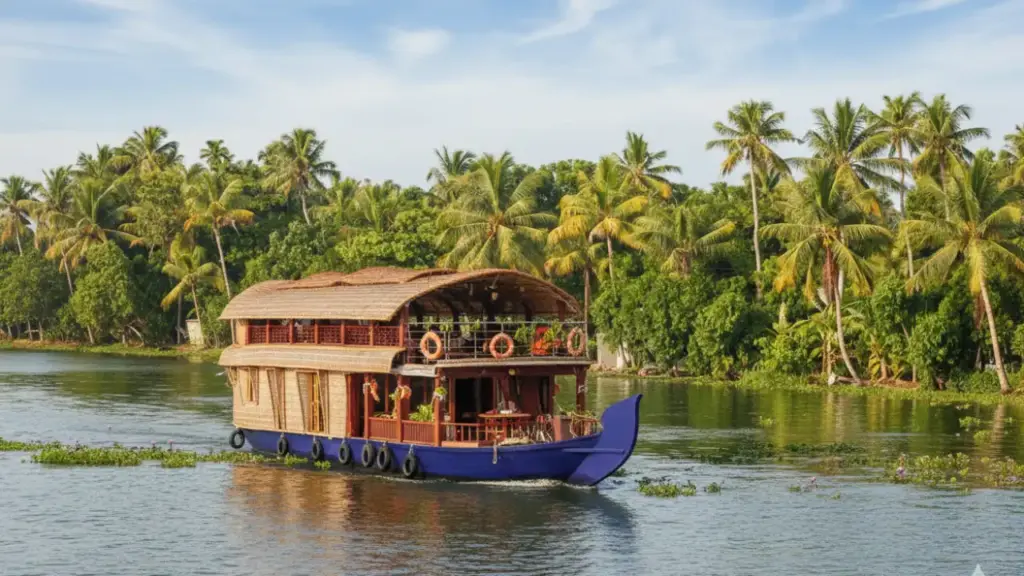 traditional houseboat with a thatched roof floats on a calm river