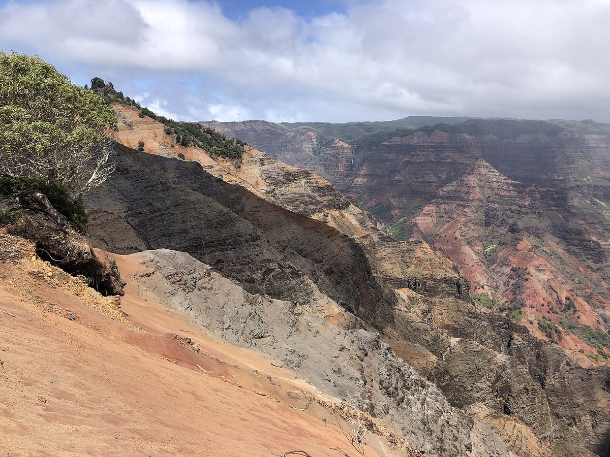 Waimea Canyon State Park Entrance Fee and Parking: What Non-Residents Pay and What's Open Now Red and grey ridges of Waimea Canyon seen from the Waimea Canyon Lookout, Kauai, under a cloudy sky