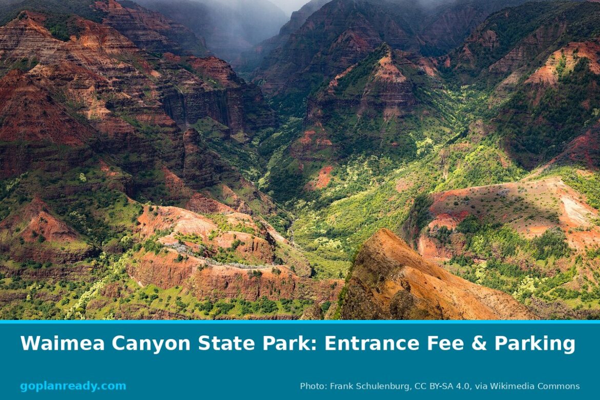 Red ridges of Waimea Canyon on Kauai in afternoon light, with green valleys below, and the title Waimea Canyon State Park: Entrance Fee & Parking